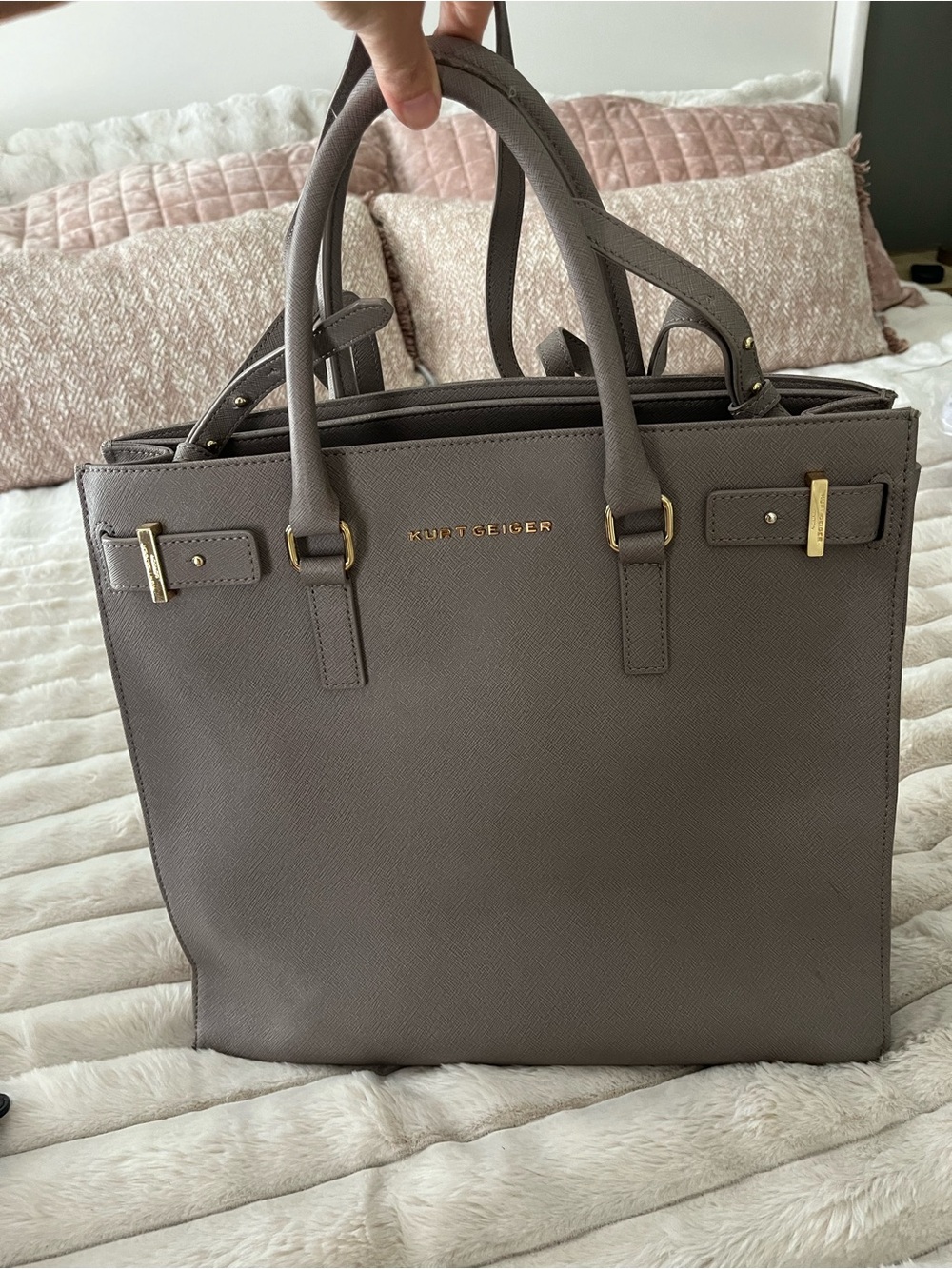 Kurt Geiger Taupe Leather Structured Tote with Gold Accents